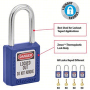 Master Lock 410BLU Lockout Padlock Keyed Different, Thermoplastic, Std Body, Metal, Blue