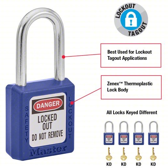 Master Lock 410BLU Lockout Padlock Keyed Different, Thermoplastic, Std Body, Metal, Blue