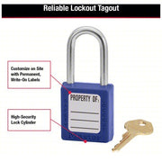 Master Lock 410BLU Lockout Padlock Keyed Different, Thermoplastic, Std Body, Metal, Blue