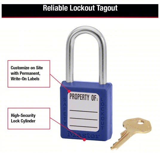 Master Lock 410BLU Lockout Padlock Keyed Different, Thermoplastic, Std Body, Metal, Blue