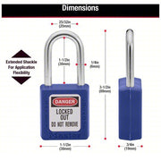 Master Lock 410BLU Lockout Padlock Keyed Different, Thermoplastic, Std Body, Metal, Blue