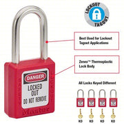 Master Lock 410RED Lockout Padlock Keyed Different, Thermoplastic, Std Body, Metal, Red