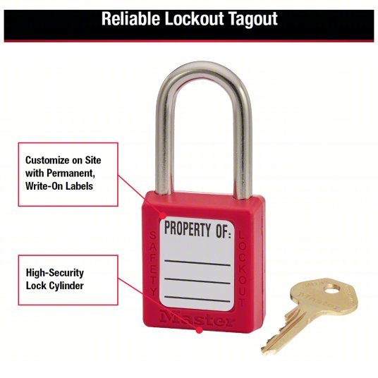 Master Lock 410RED Lockout Padlock Keyed Different, Thermoplastic, Std Body, Metal, Red