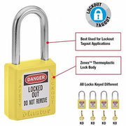 Master Lock 410YLW Lockout Padlock Keyed Different, Thermoplastic, Std Body Body Size, Metal, Yellow