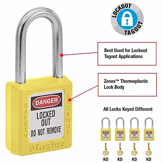 Master Lock 410YLW Lockout Padlock Keyed Different, Thermoplastic, Std Body Body Size, Metal, Yellow
