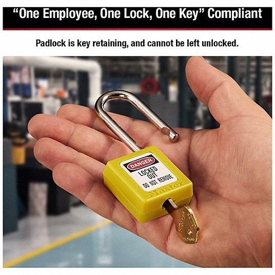 Master Lock 410YLW Lockout Padlock Keyed Different, Thermoplastic, Std Body Body Size, Metal, Yellow