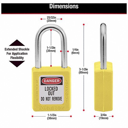 Master Lock 410YLW Lockout Padlock Keyed Different, Thermoplastic, Std Body Body Size, Metal, Yellow