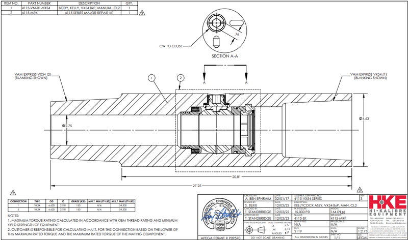 HIKALIBRE 4115-VX54-SERIES Valve, Kelly, 6.63 OD, 2.75 ID