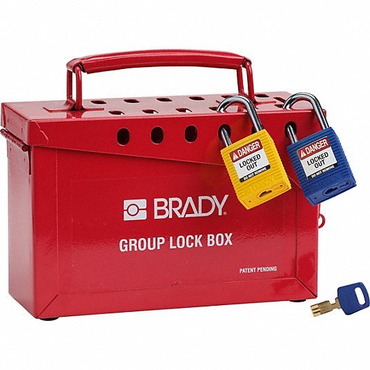 Brady 65699 Group Lockout Box Steel, Red, 6 in x 8.9 in 3.5 in, Portable, Hinged, 13 Padlocks