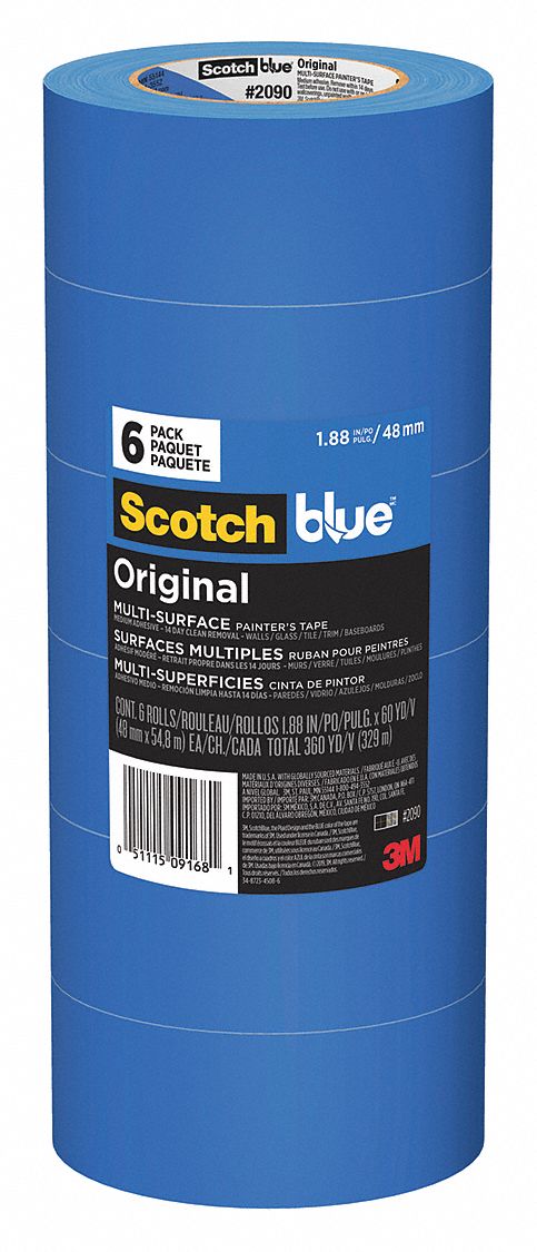 3M 2090-48SC6 Painter's Tape, 1 7/8 in Wd, 60 yd Lg, 5.4 mil Thick, Blue, 2 wk Clean Removal Time, 6 PK