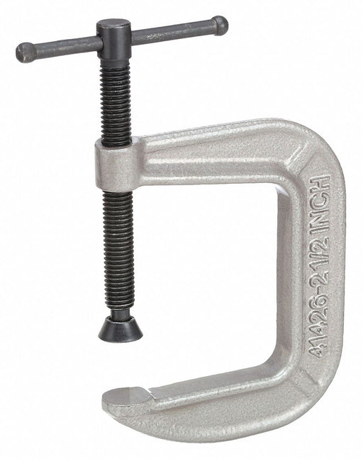 Wilton 142-1/2C C-Clamp, Medium Duty, Flat, Swivel, Sliding T Handle, 0 in – 2 1/2 in Jaw Opening, Cast Iron
