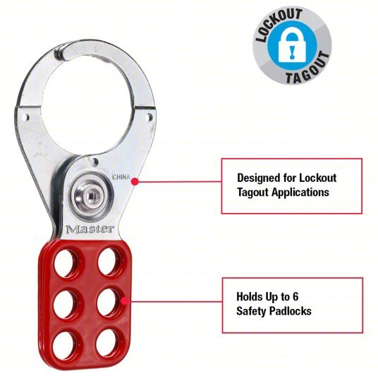 Master Lock 421 Lockout Hasp Std Hasp, 1.5 in Opening Size, Red, 6 Padlocks