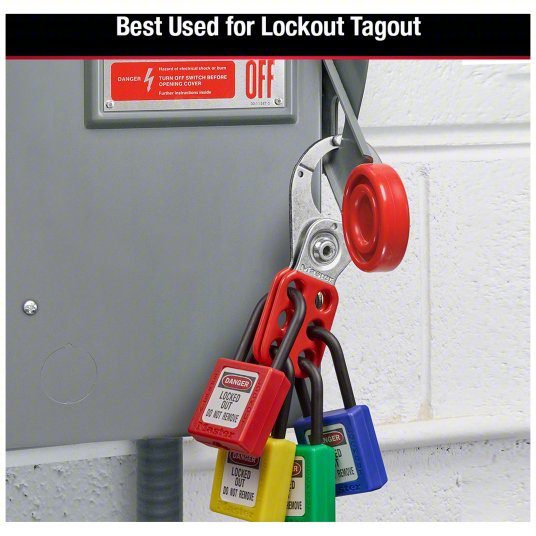 Master Lock 421 Lockout Hasp Std Hasp, 1.5 in Opening Size, Red, 6 Padlocks
