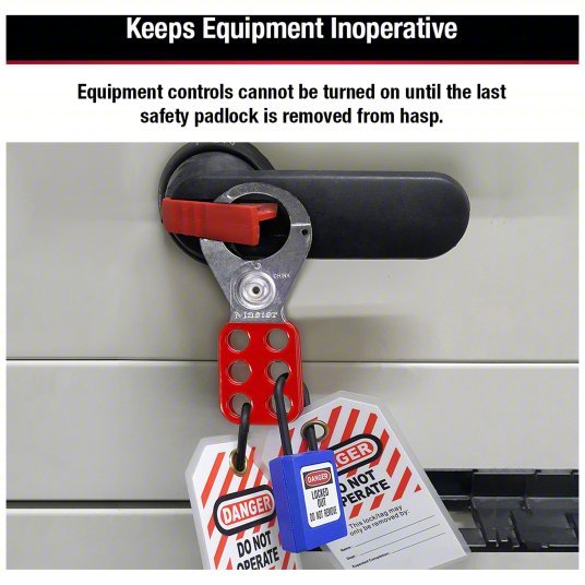 Master Lock 421 Lockout Hasp Std Hasp, 1.5 in Opening Size, Red, 6 Padlocks