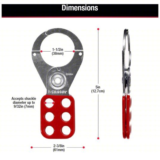 Master Lock 421 Lockout Hasp Std Hasp, 1.5 in Opening Size, Red, 6 Padlocks