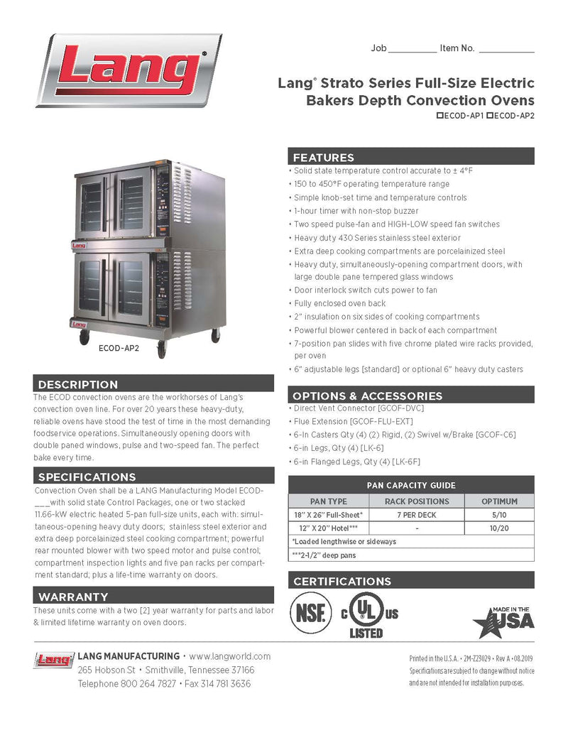 Lang ECOD-AP2 Strato Series Double Deck Full Size Bakers Depth Electric Convection Oven