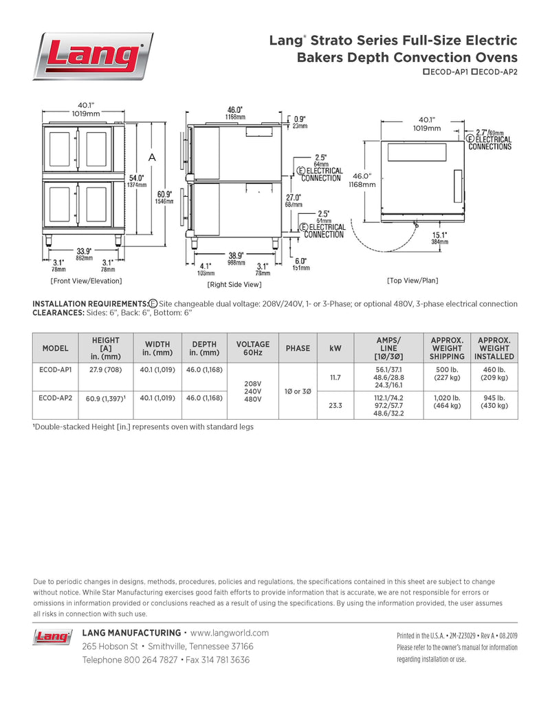 Lang ECOD-AP2 Strato Series Double Deck Full Size Bakers Depth Electric Convection Oven