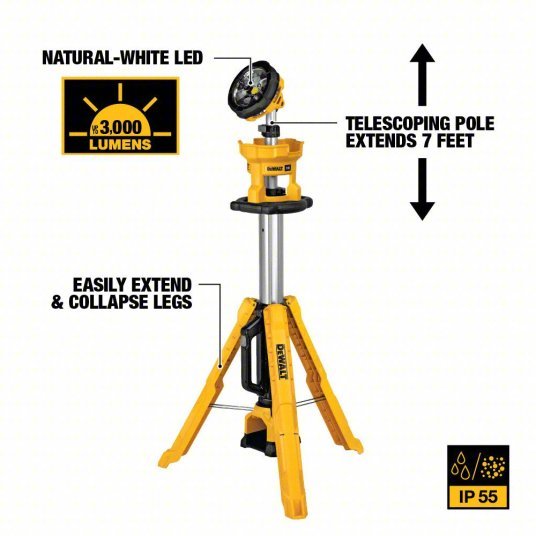Dewalt DCL079R1 Cordless Tripod Light 20V MAX, Battery Included, 3,000 lm Max., 3 Modes, 88 in Max. Ht