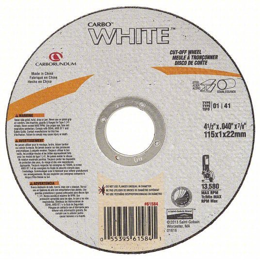 Carborundum 05539561584 Abrasive Cut-Off Wheel Type 1, 4 1/2" x 0.04" x 7/8", Aluminum Oxide, 60 Grit PK5