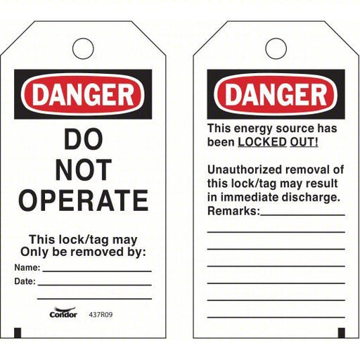 Redwood CNDR-51511-6 Lockout Tag Danger, Danger Do Not Operate, Polyester, Remarks, Write-On Surface, English
