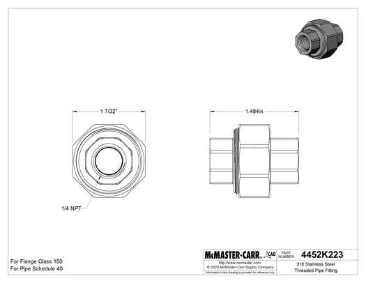 McMaster 4452K223 316 Stainless Steel Threaded Pipe Fitting Low-Pressure, Union Straight Connector, 1/4 NPT Female