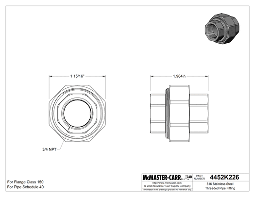 McMaster 4452K226 316 Stainless Steel Threaded Pipe Fitting Low-Pressure, Union Straight Connector, 3/4 NPT Female
