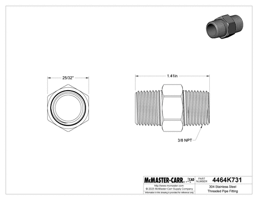McMaster 4464K731 304 Stainless Steel Threaded Pipe Fitting Low Pressure, Straight Connector, 3/8 NPT Male