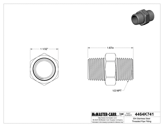McMaster 4464K741 304 Stainless Steel Threaded Pipe Fitting Low Pressure, Straight Connector, 1/2 NPT Male