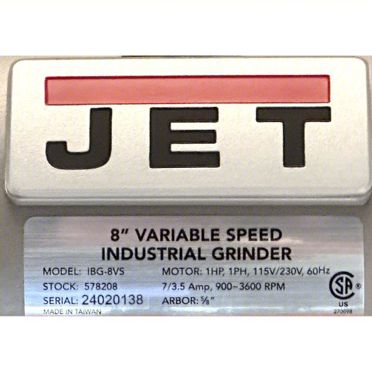 JET IBG-8VS Bench Grinder Variable Speed, 1 hp, 8 in Max Wheel Dia, 900 RPM to 3,600 RPM, 115/230V