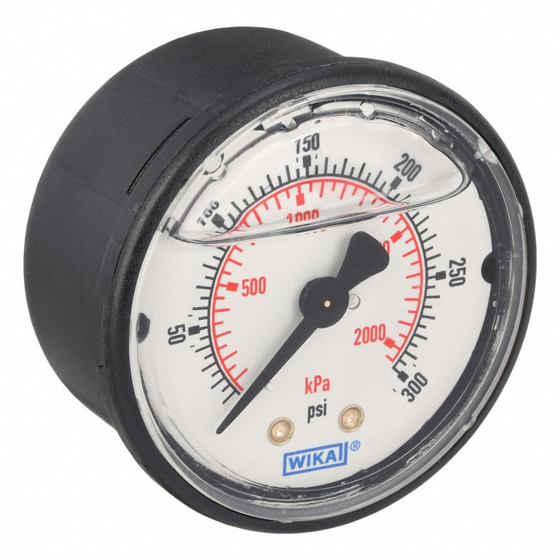 Wika 113.13.20.300.B Commercial Pressure Gauge, 0 psi to 300 psi, 2 in Dial, 1/4 in NPT Male, Center Back, Plastic