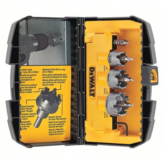 DeWalt DWACM1802 Hole Saw Kit 3 Pieces, 7/8 in to 1 3/8 in Saw Size Range, 1/4 in Max. Cutting Dp, Steel