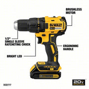 DeWalt DCD777C2 Drill 20V DC, Compact, 1/2 in Chuck, 1,750 RPM Max., Brushless Motor, (2) 1.5 Ah, 20V MAX