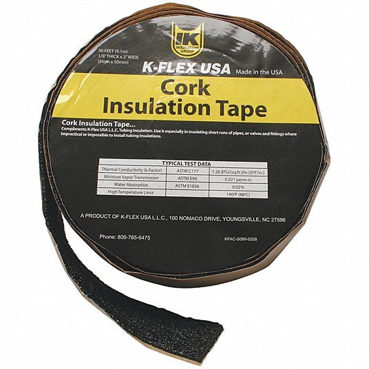 K-Flex 800-TAPE-CRK Pipe Insulation Tape Cork, 30 ft Overall Lg, 2 in Overall Wd, 130 mil Thick, Black