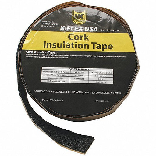 K-Flex 800-TAPE-CRK Pipe Insulation Tape Cork, 30 ft Overall Lg, 2 in Overall Wd, 130 mil Thick, Black