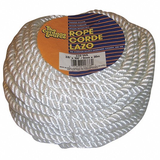 Cordage Source 338-WA 3/8 in Rope Dia, White, 100 ft Rope Lg, 250 lb Working Load Limit, Twisted