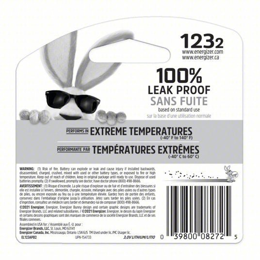 Energizer EL123ABP2 Lithium Cell Battery, 123, 3V, PK2