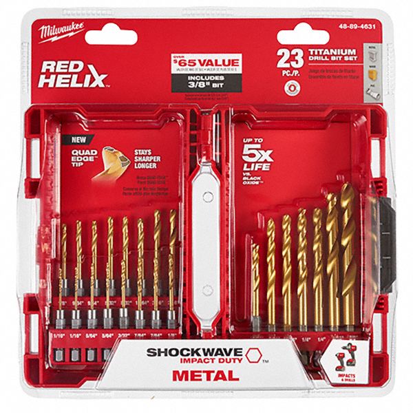 Milwaukee 48-89-4631 Hex Shank Drill Set, 23 Pc, 1/16" to 3/8", 135° Split Point, TiN-Coated HSS