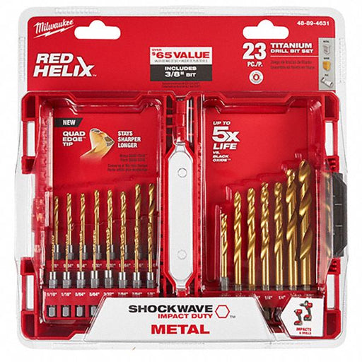 Milwaukee 48-89-4631 Hex Shank Drill Set, 23 Pc, 1/16" to 3/8", 135° Split Point, TiN-Coated HSS