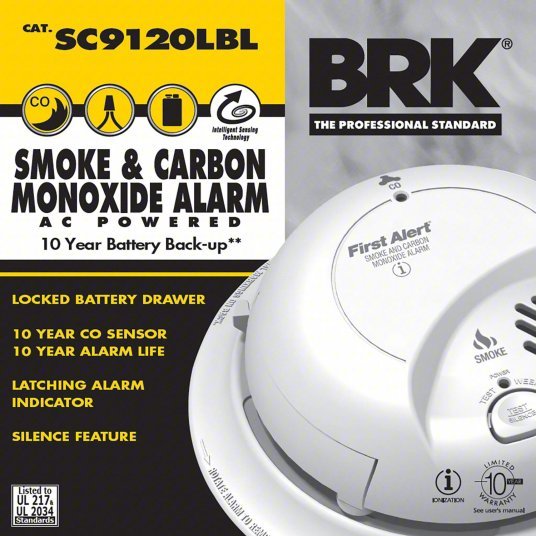 First Alert SC9120LBL Carbon Monoxide and Smoke Alarm, Electrochemical, Ionization Sensor, 85 dB @ 10 ft Audible Alert