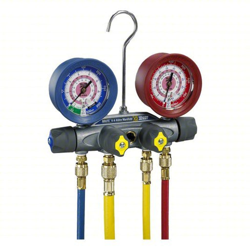Yellow Jacket 46003 Manifold Gauge 4 Valves, 4 Hoses, Series BRUTE II, 3 1/8 in Gauge, For R - 32/R - 410A - Redwood.KV809K13