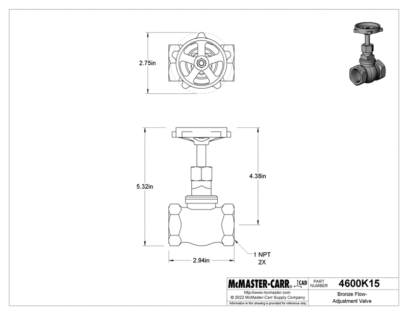 McMaster 4600K15 Bronze Flow-Adjustment Valve 1 In Class 125