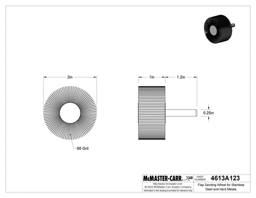 McMaster 4613A123 Flap Sanding Wheel for Stainless Steel and Hard Metals with Shank, 60 Grit, 2" Diameter