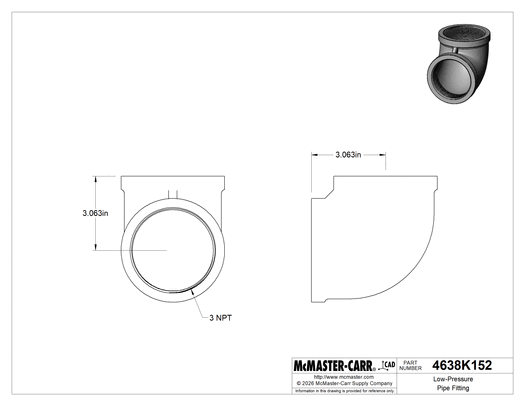 McMaster 4638K152 Low-Pressure Pipe Fitting, Galvanized Iron, 90° Elbow Connector, 3 NPT Female, Class 150