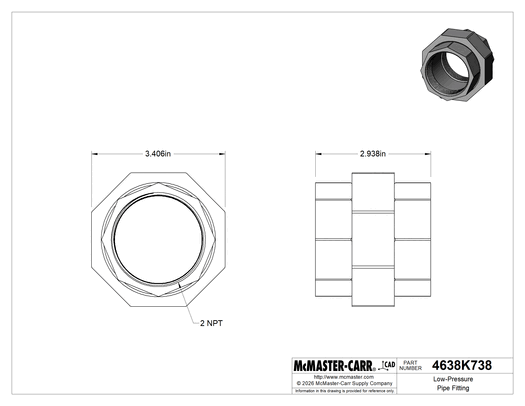 McMaster 4638K738 Low-Pressure Pipe Fitting, Galvanized Iron, Union Straight Connector, 2 NPT Female, Class 150