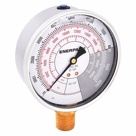 Enerpac GF10P Hydraulic Cylinder Pressure Gauge 0 psi to 10,000 psi, 4 in Dial, 1/2 in NPTF Male, Bottom