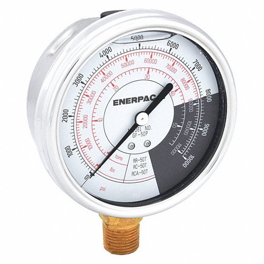 Enerpac GF50P Hydraulic Cylinder Pressure Gauge 0 psi to 10,000 psi, 4 in Dial, 1/2 in NPTF Male, Bottom