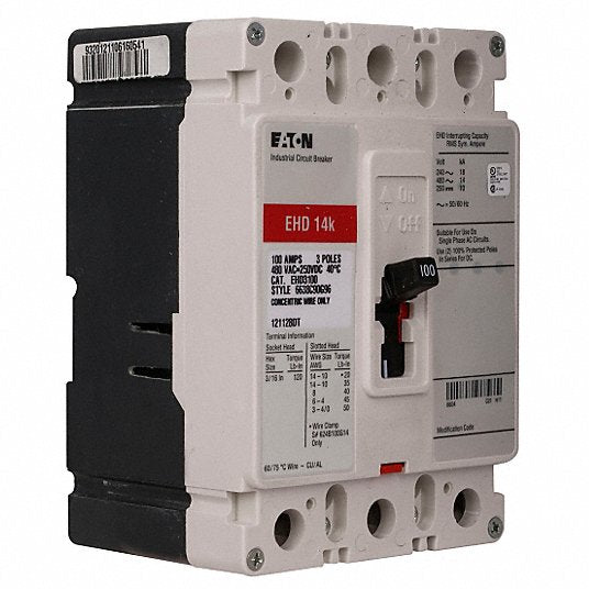 Eaton EHD3100 Molded Case Circuit Breaker 100 A Amps, 18kA at 240V AC, Fixed, ABC, Load Side Lug, Std, EHD