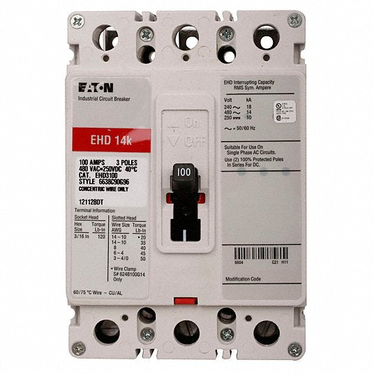 Eaton EHD3100 Molded Case Circuit Breaker 100 A Amps, 18kA at 240V AC, Fixed, ABC, Load Side Lug, Std, EHD