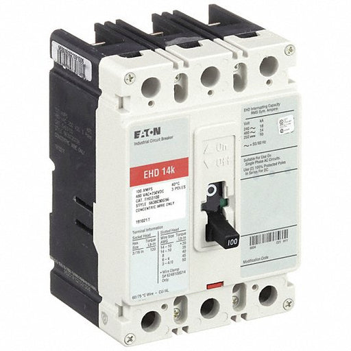 Eaton EHD3100 Molded Case Circuit Breaker 100 A Amps, 18kA at 240V AC, Fixed, ABC, Load Side Lug, Std, EHD