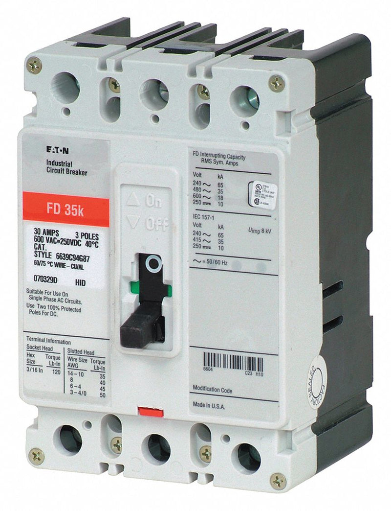 Eaton FD3090 Molded Case Circuit Breaker, 90 A, 3 Pole, 600V AC, 65kA at 240/277V AC